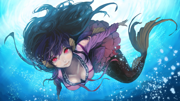 Anime mermaid with red eyes underwater