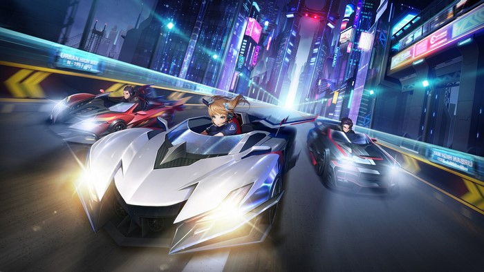 Anime racers in futuristic city at night