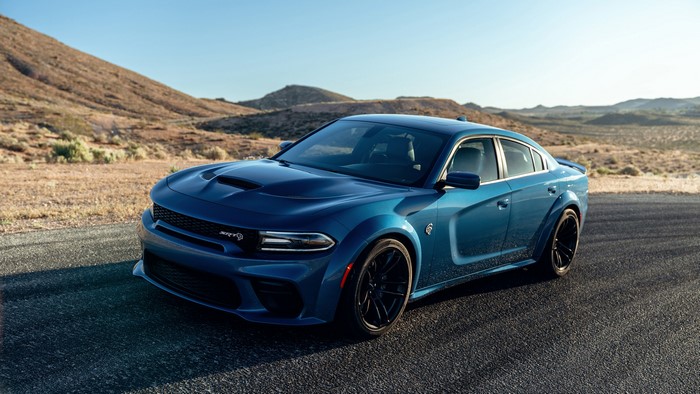 Blue Dodge Charger Hellcat SRT in desert landscape