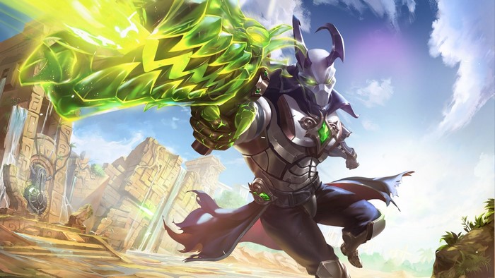 Androxus from Paladins with a green energy weapon