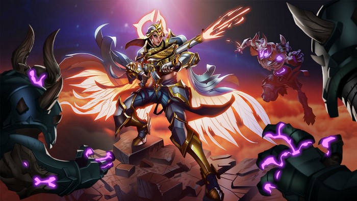 Tyra from Paladins fighting demons with wings