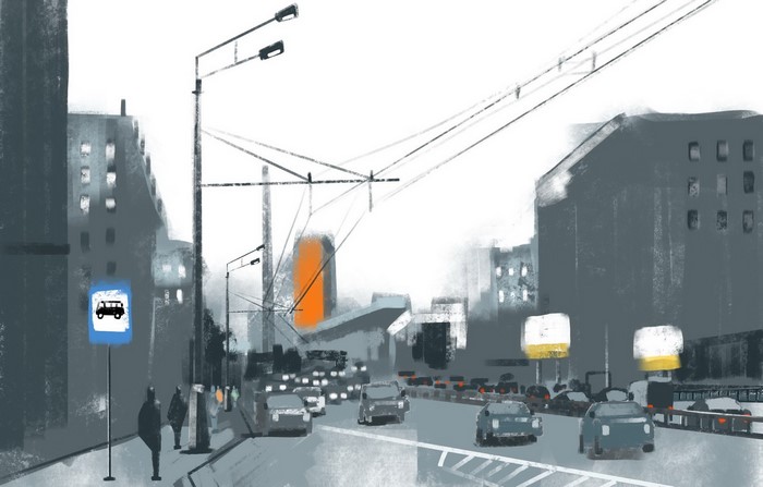 Urban cityscape with traffic and buildings