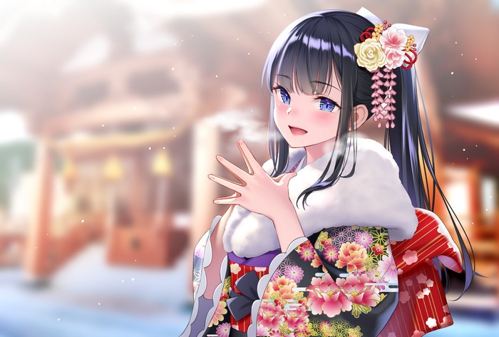 Lily Nakamine in a Kimono with Flower Hair Ornaments