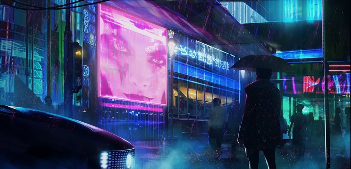 Cyberpunk city street with neon signs and rain