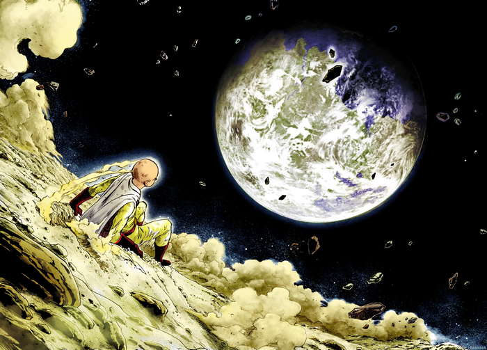 Saitama from One-Punch Man in space looking at Earth