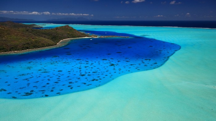 Aerial view of Bora Bora lagoon and island