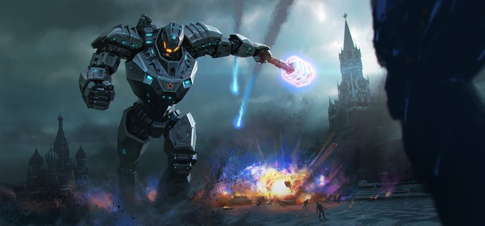 Giant Robot attacking Moscow with a hammer