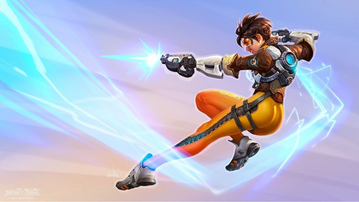 Tracer from Overwatch firing her pulse pistols