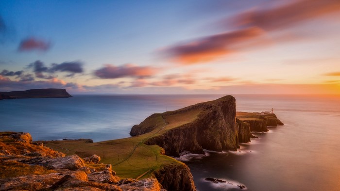 Neist Point Lighthouse, Isle of Skye, Scotland at sunset