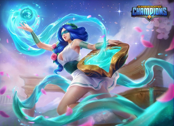 Woman with blue hair casting water magic from Dungeon Hunter Champions