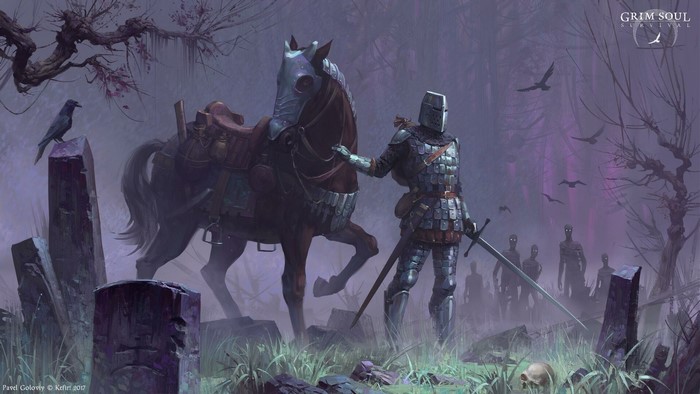 Knight with horse in a graveyard with zombies