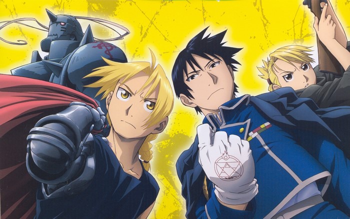 Full Metal Alchemist characters: Edward Elric, Alphonse Elric, Roy Mustang