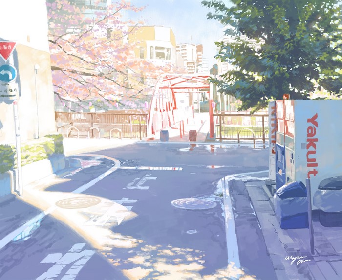 Anime street scene with cherry blossoms and Yakult vending machine