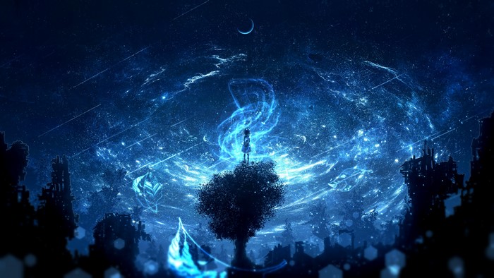 Fantasy girl on a tree under a starry night sky