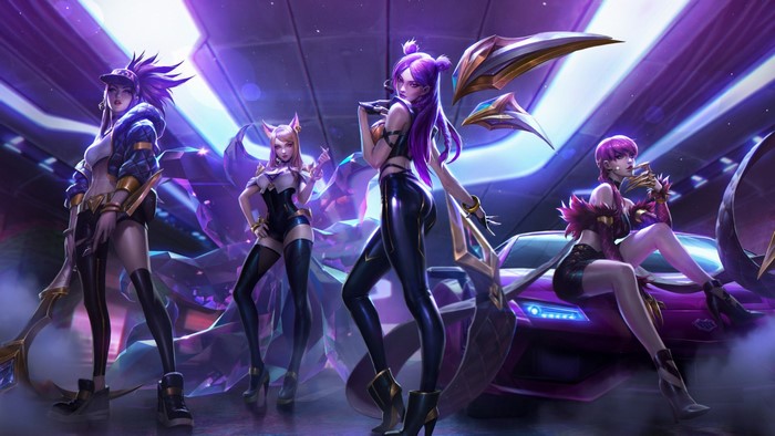 KDA members from League of Legends posing with a car