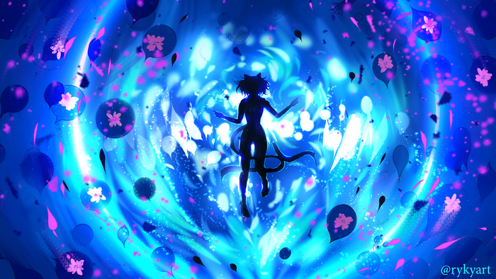Silhouette of a cat-eared person surrounded by glowing blue energy and flowers