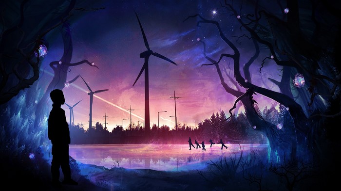 Digital painting of a surreal landscape with wind turbines and a family