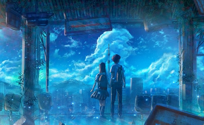 Anime couple looking at city skyline at night