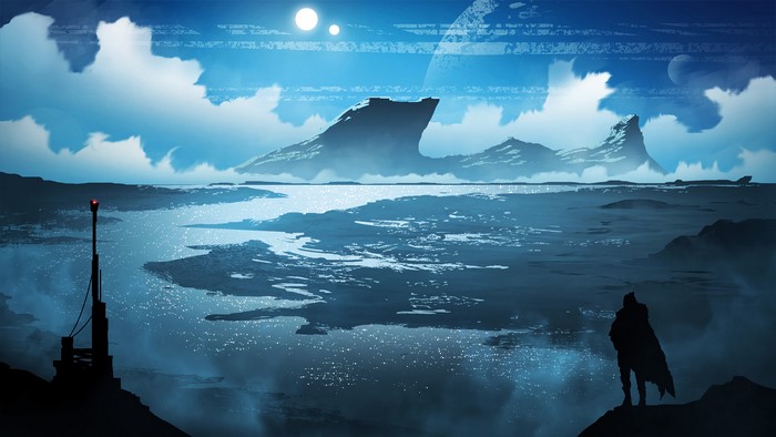 Sci-fi landscape with moons and a lone figure