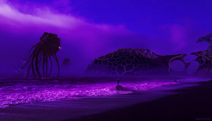 Apocalyptic purple sea with alien creatures and a lone figure