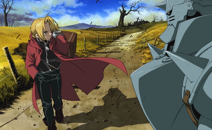 Edward Elric and Alphonse Elric from Fullmetal Alchemist in a field