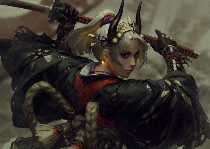 4K artwork of a female warrior with swords