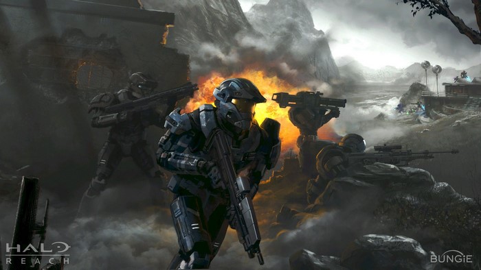 Halo Reach Spartans in battle with explosions