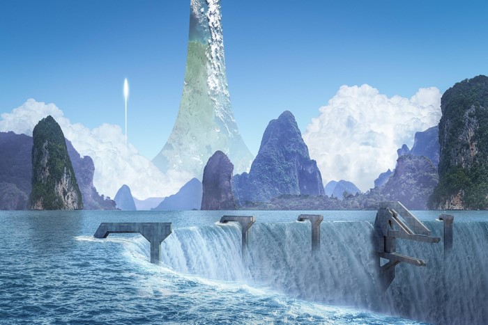 Halo Forerunner Ringworld with Waterfall and Mountains