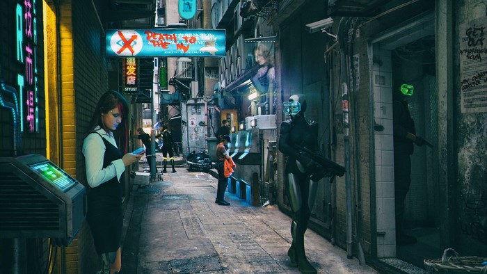 Cyberpunk alleyway with people and futuristic elements