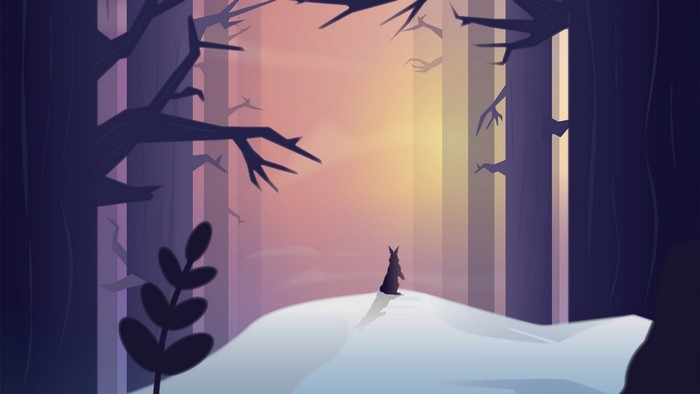 Rabbit in a snowy forest at sunset
