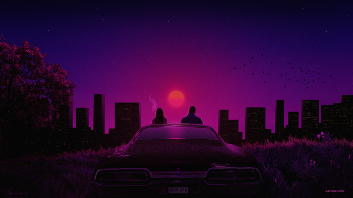 Couple in car watching sunset over city skyline