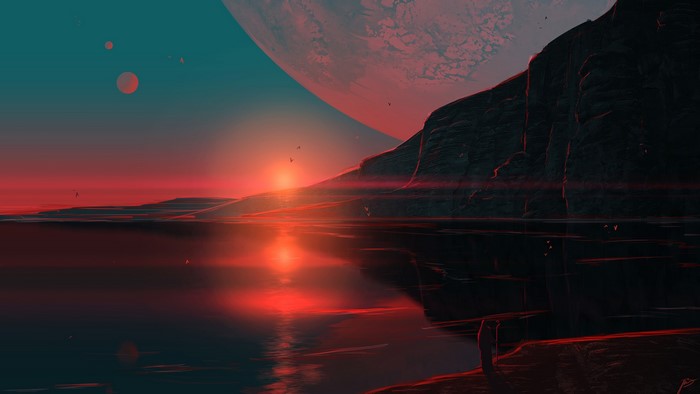 Alien coast with red sunset and planets