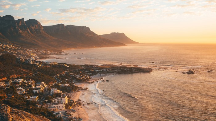Sunset over Cape Town mountains and coastline