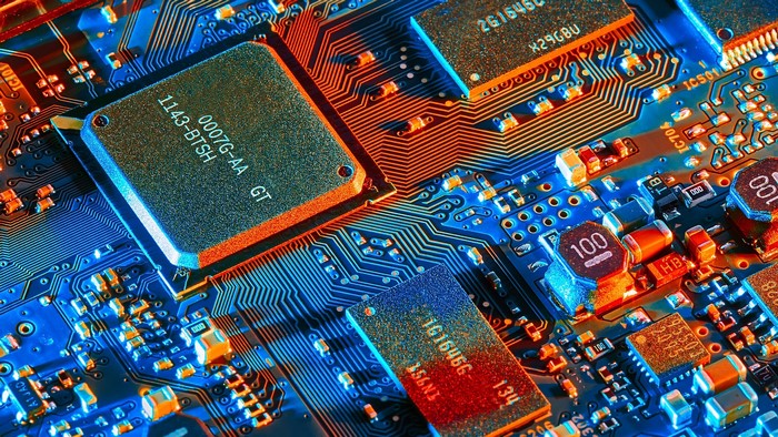 Close-up of a complex electronic circuit board with integrated chips