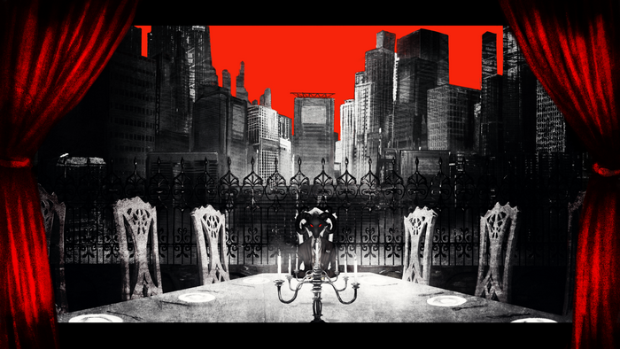 Demon at a table in a cityscape