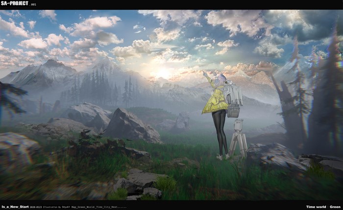 Anime girl with headphones and backpack in mountains