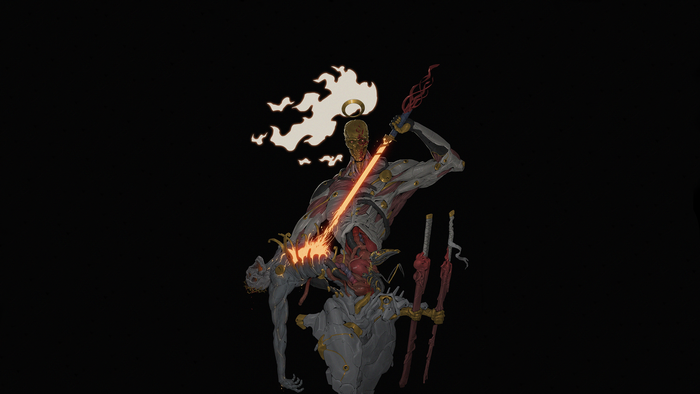 Artwork of a cyborg warrior with a flaming sword by Ching Yeh