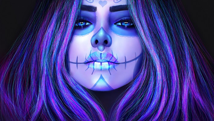 Woman with Dia de los Muertos makeup and colorful hair