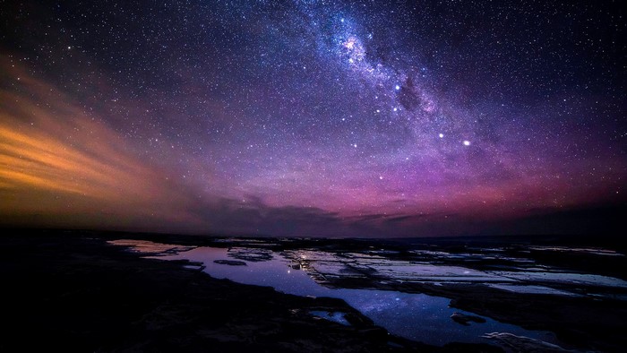 Milky Way galaxy over rocky shore with water reflections