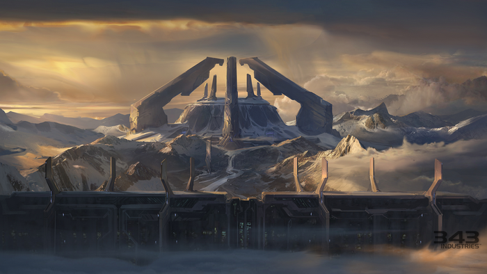 Halo Forerunner structure in a snowy mountain landscape