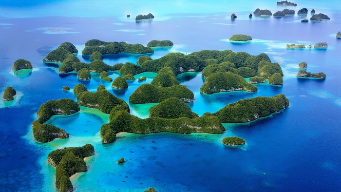 Aerial view of lush green islands in the Pacific Ocean