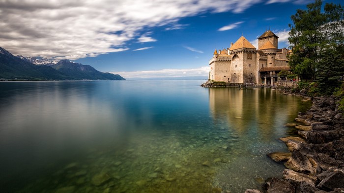 Chillon Castle on Lake Geneva, Switzerland with Mountains