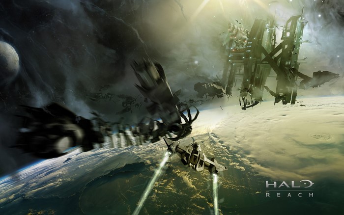 Spaceships near a space station above a planet in Halo Reach
