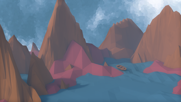Low poly landscape with mountains, water, and a boat