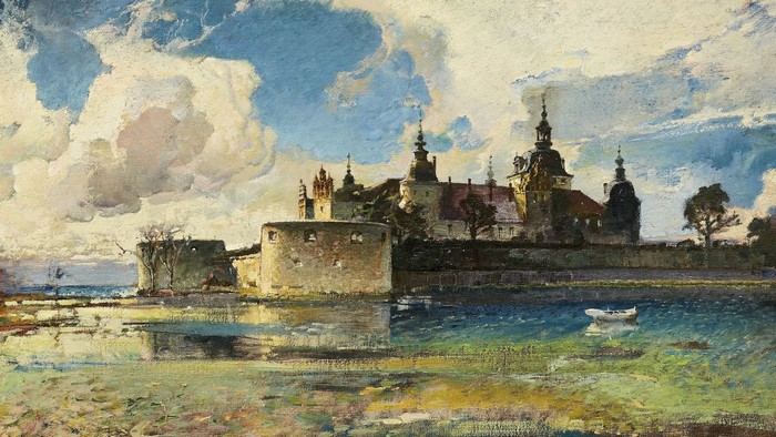 Painting of a castle by a river with a boat