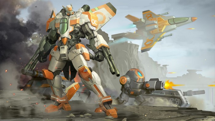 AirMech robot and fighter jet in battle