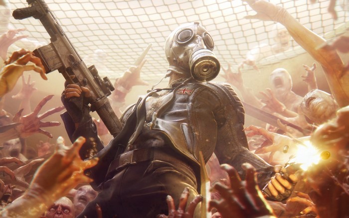 Soldier with gas mask and rifle surrounded by zombies in Killing Floor 2