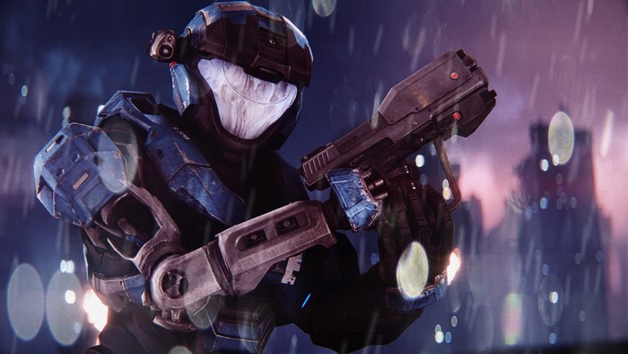 Spartan Kat from Halo Reach holding a weapon in the rain