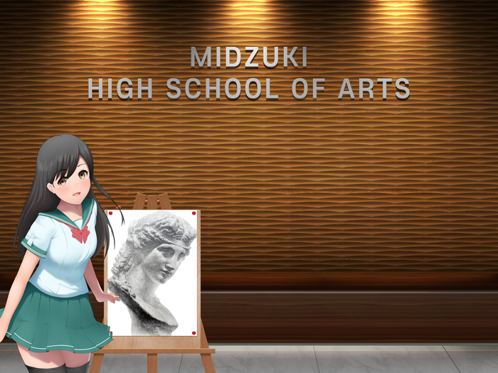 Anime schoolgirl with dark hair and a sculpture painting