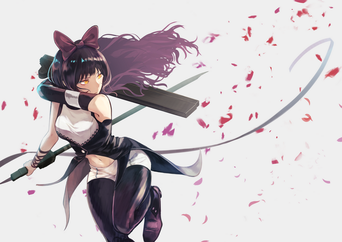 Blake Belladonna from RWBY with scythe and petals